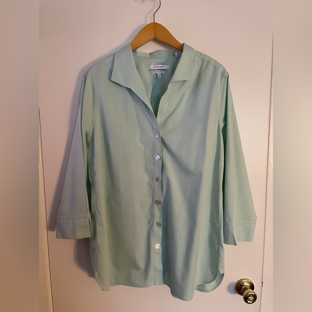 Foxcroft Seafoam Cotton Button Down Blouse Mother of Pearl Buttons 16W